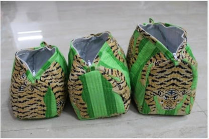 YILLE Set of 3 Pieces Block Printed Travel Organizer Kit Storage Bag for Women Makeup Bag Travel Cosmetic Bag (Green Fat tiger) - color: Green Fat tiger