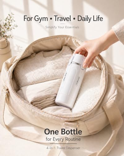 4 in 1 Travel Dispenser Bottle, TSA Approved Leak Proof Refillable Toiletry Containers for Shampoo, Conditioner, Lotion & Skincare – Easy Clean Travel Bottles for Gym, Business - color: White