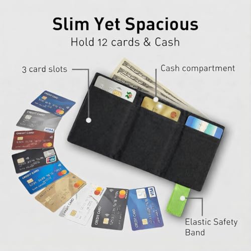 LIGHT FOLD Ultra Slim Tri-Fold Wallet with RFID Blocking, Lightweight Minimalist Men’s Wallet with Elastic Band, Waterproof Durable Nylon Fabric, Slim Front Pocket Card Holder Fits 12 Cards & Cash - color: Green