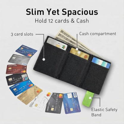 LIGHT FOLD Ultra Slim Tri-Fold Wallet with RFID Blocking, Lightweight Minimalist Men’s Wallet with Elastic Band, Waterproof Durable Nylon Fabric, Slim Front Pocket Card Holder Fits 12 Cards & Cash - color: Green
