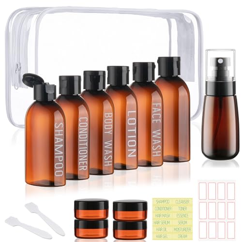 Travel Kit - 10 Pcs Travel Bottles for Toiletries, TSA Approved, Leak Proof Plastic Small Cream Jars & Refillable Spray Bottle for Shampoo, Conditioner (Brown) - color: A-Brown
