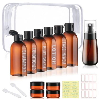 Travel Kit - 10 Pcs Travel Bottles for Toiletries, TSA Approved, Leak Proof Plastic Small Cream Jars & Refillable Spray Bottle for Shampoo, Conditioner (Brown) - color: A-Brown