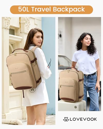LOVEVOOK 50L Travel Backpack Flight Approved Carry on Backpack,3 Packing Cubes,Waterproof Personal Item Travel Bag,TSA Carry on Luggage Suitcase Travel Essentials,Gifts for Women & Men,fits 18" Laptop - color: Beige - Chestnut Brown, size: X-Large-50L-4Pc
