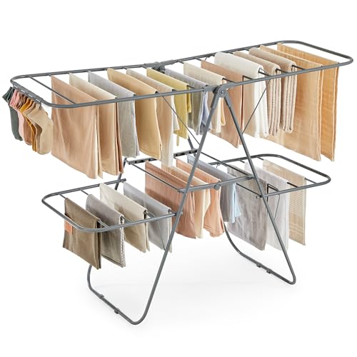SONGMICS Clothes Drying Rack, Foldable 2-Level Laundry Drying Rack, Free-Standing Laundry Airer, with Height-Adjustable Wings, 33 Drying Rails, Sock Clips, Gray ULLR053G02V1 - color: Gray, size: 2 Tiers（22"d x 61.8"w x 64.3''h )