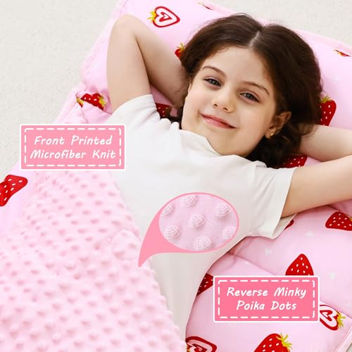 Lasoftan Toddler Nap Mat with Pillow and Blanket, Extra Large Rolled Napping Mats,Slumber Bags for Boys Girls,Kids Sleeping Bag for Daycare, Preschool Travel Camping - color: Pink Strawberry