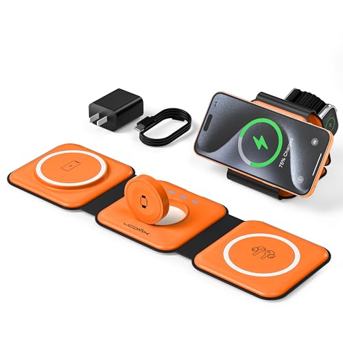 3 in 1 Charging Station for Multple Devices,Foldable 3 in 1 Wireless Charger for Travel,Nano Wireless Charging Station for iPhone16 15 14 13 12 Pro Max/Watch 10 9 8 7 6 5 4 3 Ultra/AirPod Pro - color: Orange