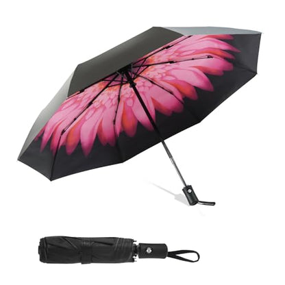 SY COMPACT Travel Umbrella - Windproof Automatic Compact Umbrella for Rain, Lightest 8-Rib, Small, Strong & Portable, Durable Grip, Fits Backpack & Car, Factory Direct (UV Available) - color: UPF-Flower red