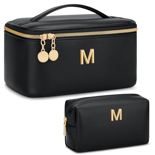 Personalized Initial Makeup Bag Gifts for Women, Large Travel Cosmetic Organizer with Handle & Divider, PU Leather Toiletry Bag for Girls, Birthday Bridesmaid Gift Set - Black - M - color: Black, style: M
