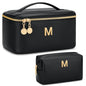 Personalized Initial Makeup Bag Gifts for Women, Large Travel Cosmetic Organizer with Handle & Divider, PU Leather Toiletry Bag for Girls, Birthday Bridesmaid Gift Set - Black - M - color: Black, style: M
