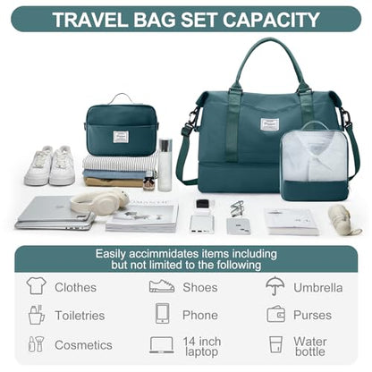 Weekender Bags for Women,Travel Duffle Overnight Bag with Shoe Compartment,Personal Item Carry On Bag,Peacock Blue,Extra Large,3 Pcs Set - color: A-Peacock Blue-3Pcs-0022, size: Extra Large