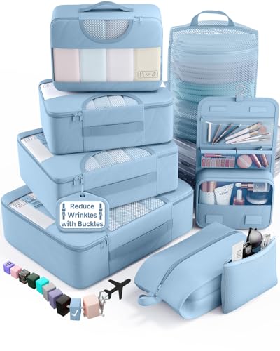 Veken 8 Set Packing Cubes for Travel Essentials,Anti-Wrinkle Buckled Suitcase Organizer for Shoe & Toiletry Bag,Carry On Luggage Bag for Airplane & College Dorm Room Accessories,Women Men Gifts - color: 10 Starlight Bluen