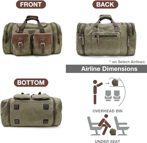 Wildroad 60L Travel Duffel Bag, Expandable Canvas Genuine Leather Duffle Bag Upgraded Overnight Weekender Bag Carry on Bag - color: Army Green, size: X Large-60L Duffle Bag