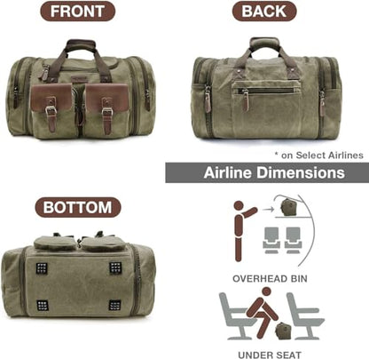 Wildroad 60L Travel Duffel Bag, Expandable Canvas Genuine Leather Duffle Bag Upgraded Overnight Weekender Bag Carry on Bag - color: Army Green, size: X Large-60L Duffle Bag