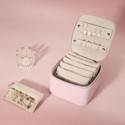 DesignSter Small Jewelry Box, Travel Small Jewelry Organizer with Earring Tray and Ring Holder,Square Travel Jewelry Storage Case with 6 Velvet Jewelry Pouches, Pink - color: Pink