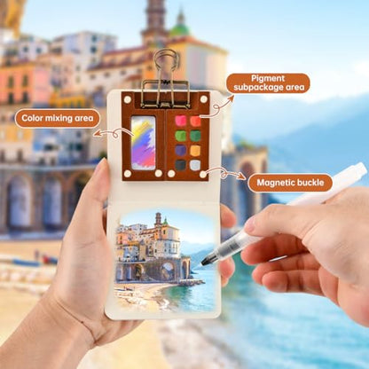 Mini Watercolor Travel Set (9-Piece), 8-Grid Walnut Palette with 12 Watercolor Paints, Mini Sketchbook, 6 Brush Pens and Metal Clip, Pocket Painting Kit for Outdoor Sketching and Travel