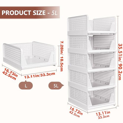 CTSNSLH 5 Pack Closet Organizers Storage Box, Closet Storage Stackable Storage Bins, Plastic Drawer Basket for Wardrobe Cupboard Kitchen Bathroom Office, White - size: 5 PACK-L