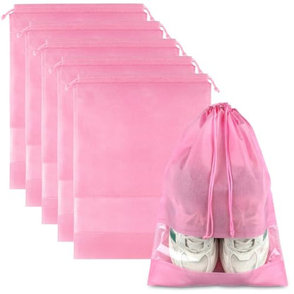 Pink Travel Shoe Bags - 5 Pcs Non-Woven Drawstring Packing Bags with Clear Window (15.7" x 11.8") - color: Pink, style: 5 Pack