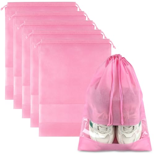 Pink Travel Shoe Bags - 5 Pcs Non-Woven Drawstring Packing Bags with Clear Window (15.7" x 11.8") - color: Pink, style: 5 Pack