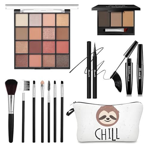 All in One Makeup Kit for Women & Teens, Beginner Eye Makeup Set with 16 Color Eyeshadow Palette, Mascara, Eyeliner, Brow Powder, 7 Brushes & Cute Sloth Cosmetic Bag, Makeup Gift Set – 16-Sloth - color: 16-Sloth