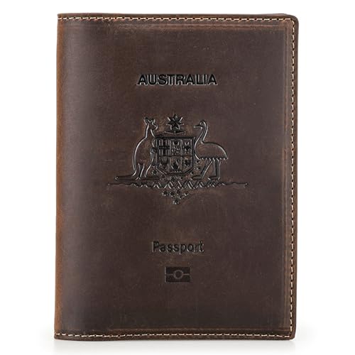 Top Grain Leather Single Travel Passport Wallet Embossing Badge for Unisex, Folio Design for Passport & Multi Cards, RFID Blocking for Passport/Cards/Checks/Bills/AirTag, Coffee Default, AU - color: 【AU】Australia Cover-Default Coffee, size: Badge Embossed