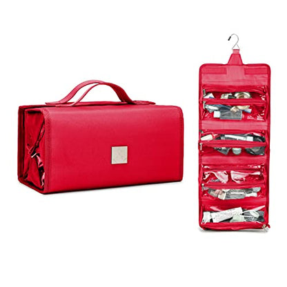 ROYALFAIR Roll Up Makeup Bag, Travel Toiletry Bag for Women with 4 Clear TSA Approved Pouches, Hanging Travel Organizer, Folding Cosmetic Bag for Men and Women - color: Red