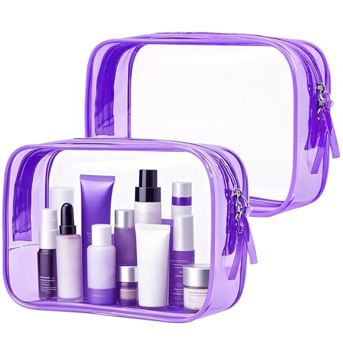 PLULON 2 Pack Clear Travel Toiletry Bag, TSA Approved Toiletry Bag Clear Makeup Bag Quart Size Portable Cosmetic Bags Carry on Travel Accessories Bag for Women Men - Purple - color: Purple