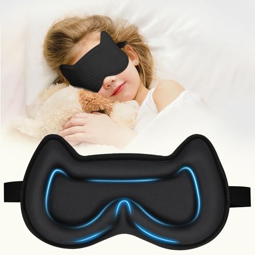 Kids Sleep Mask Eye Mask: 3D Contoured Cup Sleeping Masks, Blindfold with Adjustable Strap, Kids Eye Cover for Boys, Girls, Teens, Pressure-Free with Memory Foam Face Mask for Sleeping (Black) - color: Black