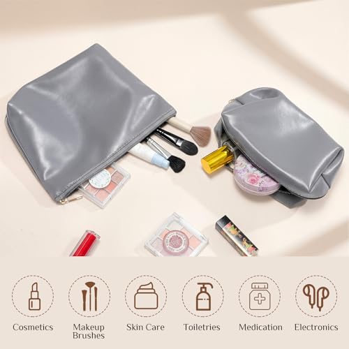 Kigeli 2 Pcs PU Leather Makeup Bag Set for Women Waterproof Aesthetic Cosmetic Bag Large & Small Travel Toiletry Organizer Pouch Skincare Organizer Bridesmaid Mother's Day Birthday Gift(Gray) - color: Gray