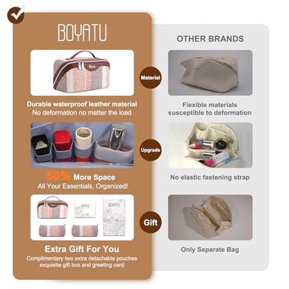 BOYATU Travel Makeup Bag Cosmetic Bag for Women: 3 Pcs Set Make up Bag with Compartments - Waterproof Vegan Leather Toiletry Bags with Handle - Makeup Organizer for Travel Essentials(C-5-Coffee) - color: C-5-Coffee