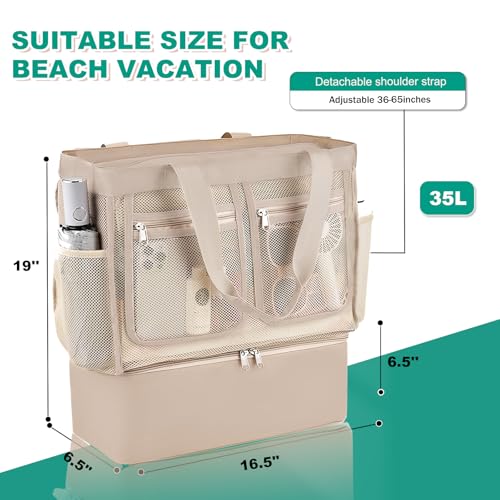 Beach Bags for Women, Large Beach Tote Bag Waterproof Mesh Swim Pool Bag with Cooler for Travel Vacation Essentials - color: Champagne