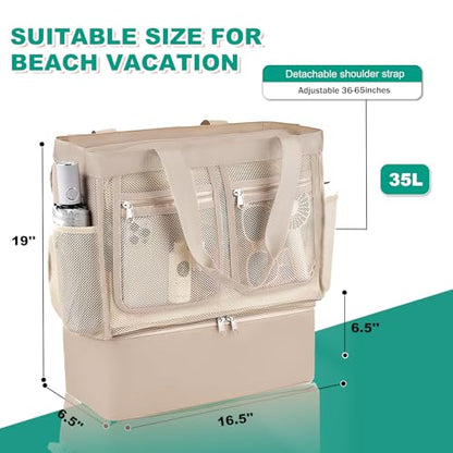 Beach Bags for Women, Large Beach Tote Bag Waterproof Mesh Swim Pool Bag with Cooler for Travel Vacation Essentials - color: Champagne