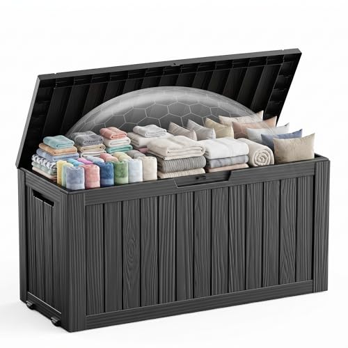 EasyUp 92 Gallon Reinforced Resin Deck Box – Waterproof & UV-Resistant Outdoor Storage, Large Capacity Patio Storage Bin for Furniture Cushions, Throw Pillows, Garden Tools, Pool Floats, Black - color: Black, size: 92 Gallon