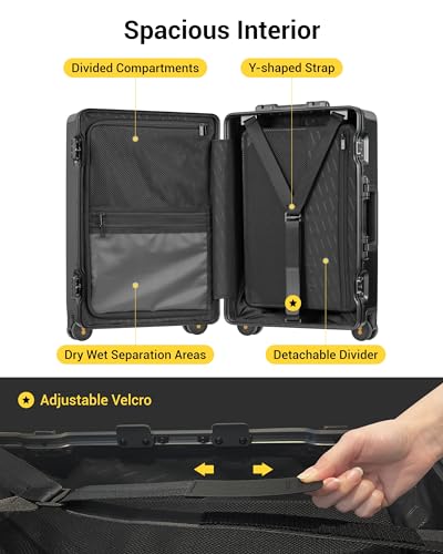 LEVEL8 Zipperless Carry On Suitcase Airline Approved with Aluminum Frame, Hard Shell Luggage with Spinner Wheels, Metal Travel Luggage with Double Tsa Locks, 20 Inch, Black - color: Black, size: Carry-On 20 Inch (Without Organizers)