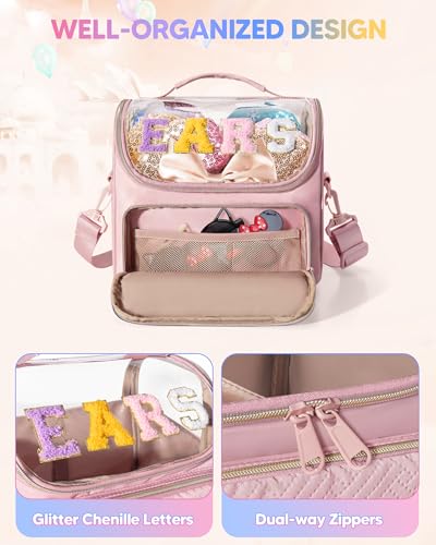 Mouse Ears Travel Case with Detachable Divider, Headband Holder Organizer Bag with Shoulder Strap, Chenille Letter Hair Accessories Storage Box, Pink with Gold Zipper - color: Pink-Gold Zipper