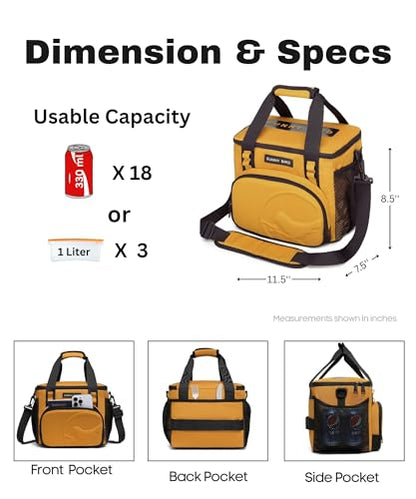 SUNNY BIRD 12L Large Insulated Lunch Bag, Leakproof and Foldable Lunch Cooler Box for Women Adult and Men, Fits 18 Cans (Ochre 01) - color: Ochre 01