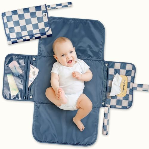 Tiny Twinkle Portable Diaper Changing Pad | Waterproof, Wipeable & Compact Baby Changing Pad for Travel | Smart Wipes Pocket & Organized Storage| Newborn Shower Gift (Blue Checkers) - color: Blue Checkers