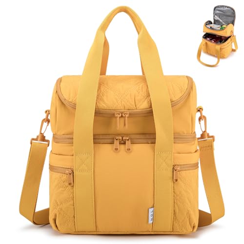 NOL Natural Organic Lifestyle Lunch Bag for Women - Large Double Deck Insulated Lunch Box Leakproof Reusable Lunch Cooler Puffer Lunch Tote Bag with Multiple Pockets for Work Picnic, Earth-yellow - color: Earth-yellow, size: Large