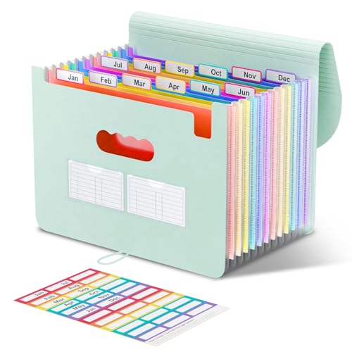 ThinkTex Accordion File Organizer, 12 - Pocket Expanding File Folders for Paper Receipts, Bills & Taxes Organizer, Letter/A4 Size Document Holder for School, Office, Home with tabs-Sage Green - color: Sage Green