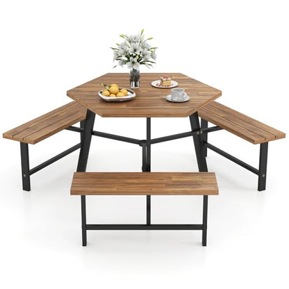 Tangkula 6 Person Acacia Wood Picnic Table, Outdoor Hexagonal Table and Bench Set with 3 Built-in Benches, Umbrella Hole & Metal Frame for Patio Backyard Garden Poolside
