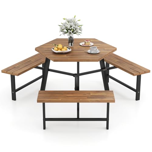 Tangkula 6 Person Acacia Wood Picnic Table, Outdoor Hexagonal Table and Bench Set with 3 Built-in Benches, Umbrella Hole & Metal Frame for Patio Backyard Garden Poolside