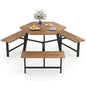 Tangkula 6 Person Acacia Wood Picnic Table, Outdoor Hexagonal Table and Bench Set with 3 Built-in Benches, Umbrella Hole & Metal Frame for Patio Backyard Garden Poolside
