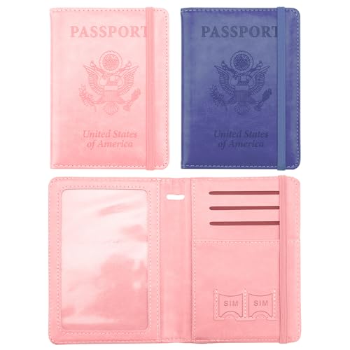 Passport Cover 2 Pack, Waterproof Leather Wallet - Dark Purple and Pink - Men, Women, Family Travel Essentials - color: Dark Purple+Pink