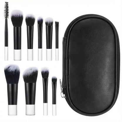 10 Pcs Mini Travel Makeup Brushes Set with Pouch, Short Handle Makeup Brushes for Women Girls Portable Full Complete Function Cosmetic Kit Brush Blush Powder Eye Shadow Black - color: Black