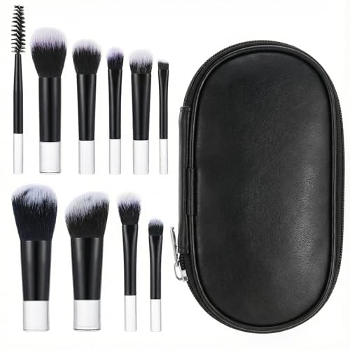 10 Pcs Mini Travel Makeup Brushes Set with Pouch, Short Handle Makeup Brushes for Women Girls Portable Full Complete Function Cosmetic Kit Brush Blush Powder Eye Shadow Black - color: Black