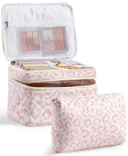 HBselect 2Pcs Travel Makeup Bag, Large Cotton Quilted Makeup Bag Cosmetic Bag Cute Make up Bag Toiletry Bags for Women Girls - color: 2PCS-Quilted Makeup Bag 2