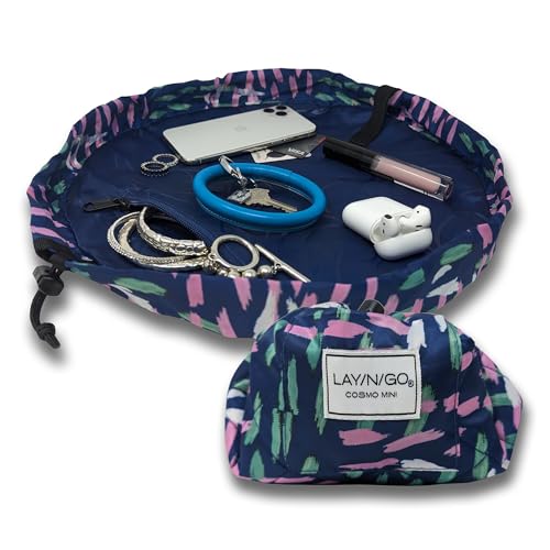 Lay-n-Go Cosmo Layflat Drawstring Cosmetic & Makeup Bag Organizer - Portable Drawstring Makeup Bag w/Zipper Pocket & More - Durable, Machine Washable Toiletry Bag for Travel (16", Crossmark) - color: Crossmark, size: 16 inch
