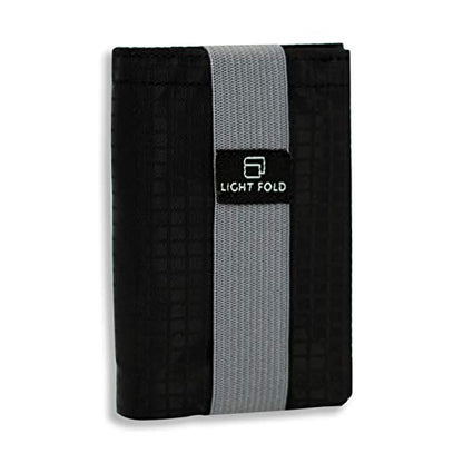 LIGHT FOLD Ultra Slim Tri-Fold Wallet with RFID Blocking, Lightweight Minimalist Men’s Wallet with Elastic Band, Waterproof Durable Nylon Fabric, Slim Front Pocket Card Holder Fits 12 Cards & Cash - color: Grey