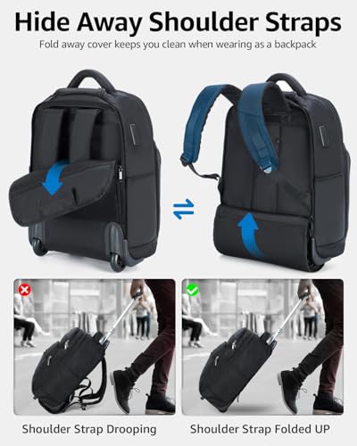 Ponhog Rolling Backpack, 30L Travel Laptop Backpack with Wheels, 15.6 Inch Roller Carry on Luggage with USB Charging Port, Flight Approved Personal Item Wheeled Suitcase for Men Women Adults, Black - color: Black