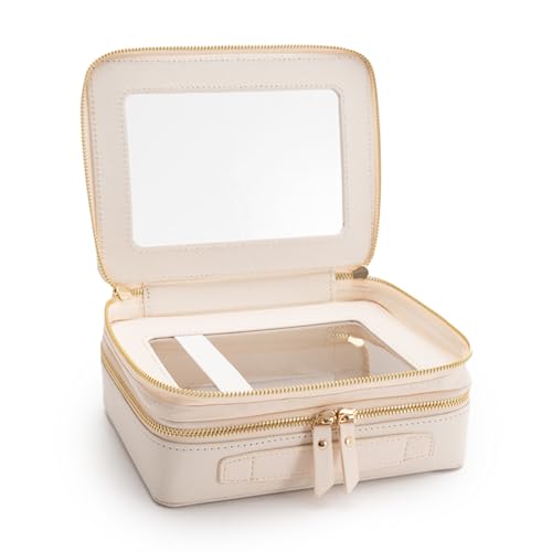 Aveniee Large Clear Makeup Bags, Double Layer Cosmetic Bags with Separate Brush Compartment, Travel Toiletry Bag Cosmetic Train Case, Travel Accessories Organizer for Women(2 Layers, White) - color: Off-White, style: Dual Layer