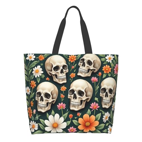 Shoulder Bag Large Reusable Eco-friendly Shopping Bags Portable Storage Handbag | Large - color: Dark Blossom Skull4